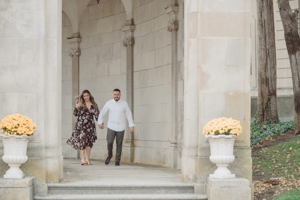 Samantha and Mike met while attending Monmouth University in West Long Branch, NJ. Sam and Mike's relationship wasn't a romantic one in the beginning but slowly they felt love for each other and one perfect day they became a couple. For their Fall engagement session, Sam and Mike decided to visit their old campus for their engagement session where it all began for them. Sam and Mike's Monmouth University Engagement photographed by NYC elopement, Hudson Valley, Catskills, NY and NJ, Farm, Adventure Wedding and Elopement Photographer Karis | Hey Karis